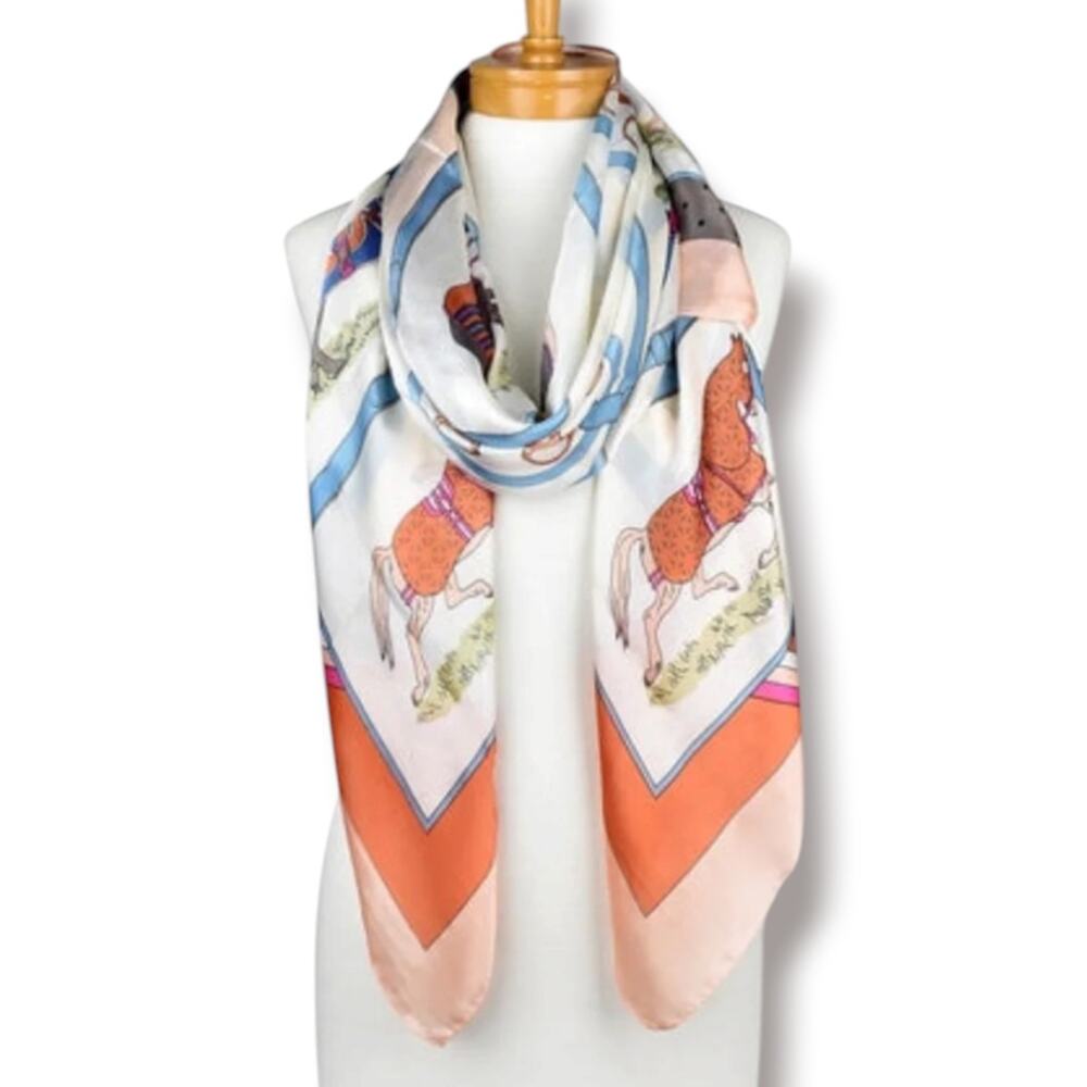 Equestrian Horse Print Satin Scarf Wrap Shawl 35x70 Peach Blue Dressage Riding